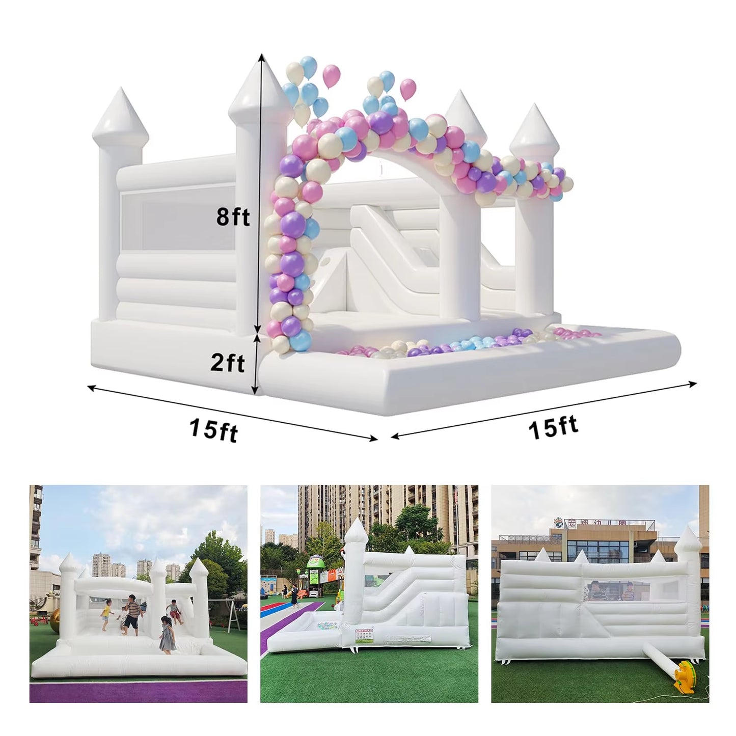 Newly 15Ft Inflatable Bounce House with Balloon Durable PVC White Jumping Castle with Slide, Ball Pit Bounce House for Party