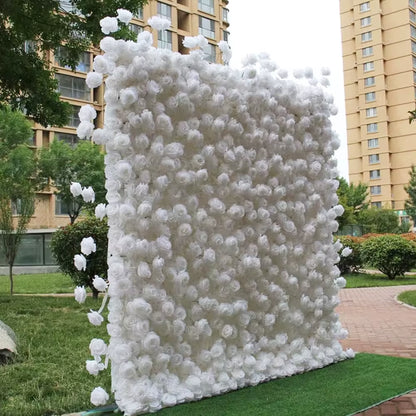 3D White Rose Cloth Curtain Flower Wall Roll up Wedding Backdrop Props Flora Wall Party Event Props Wedding Decoration