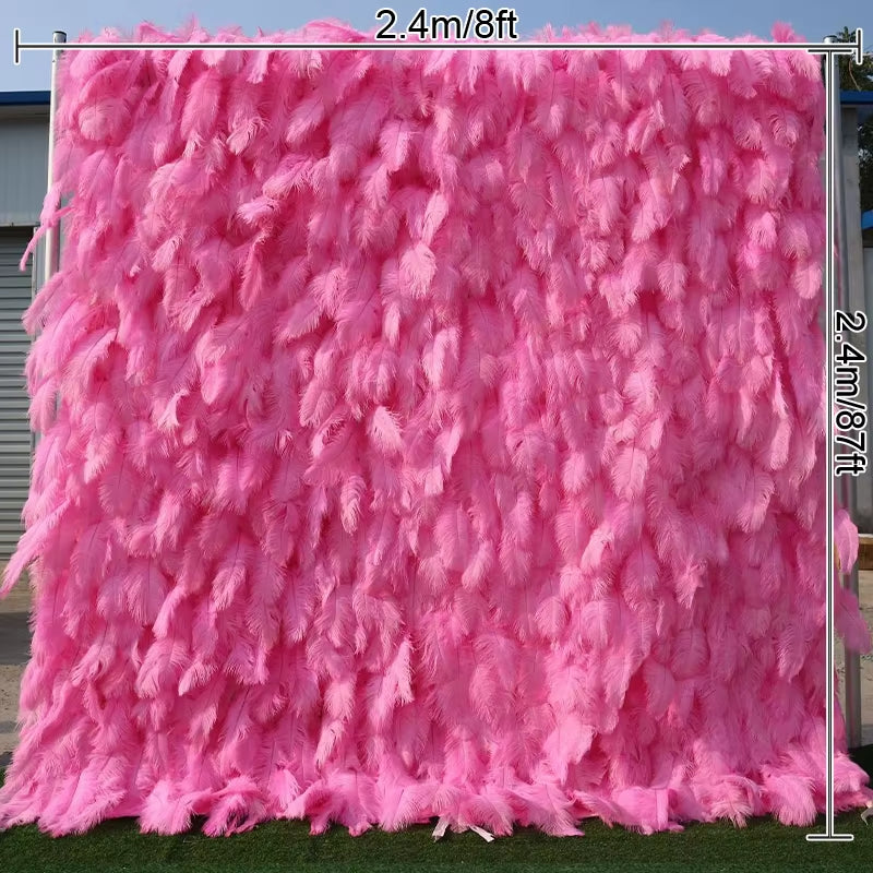 3D White Pink Feather Fabric Rolling up Curtain Flower Wall Cloth Artificial Plant Wall Party Stage Layout Wedding Backdrop Deco