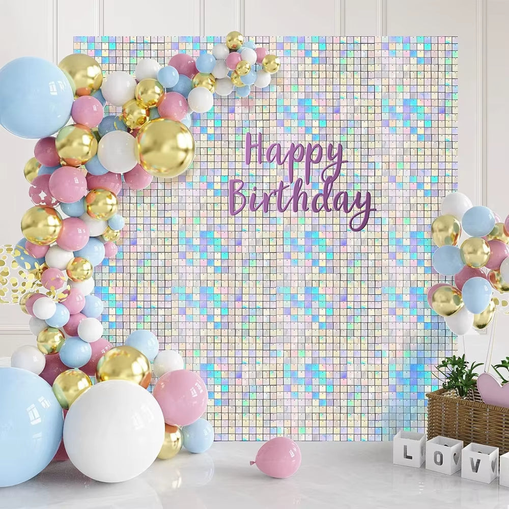 90X180Cm Shimmer Wall Backdrop 18Pcs Iridescent Silver Sequin Shimer Wall Panels for Birthday Party Wedding Marriage Decorations