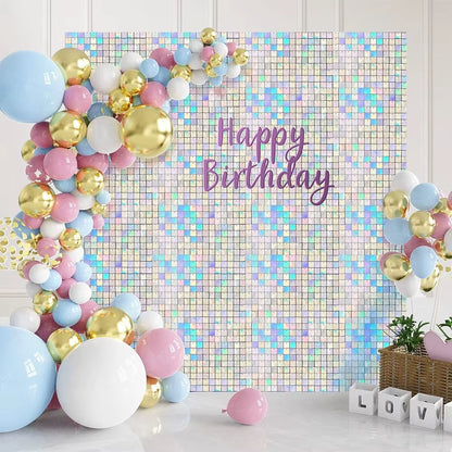 90X180Cm Shimmer Wall Backdrop 18Pcs Iridescent Silver Sequin Shimer Wall Panels for Birthday Party Wedding Marriage Decorations