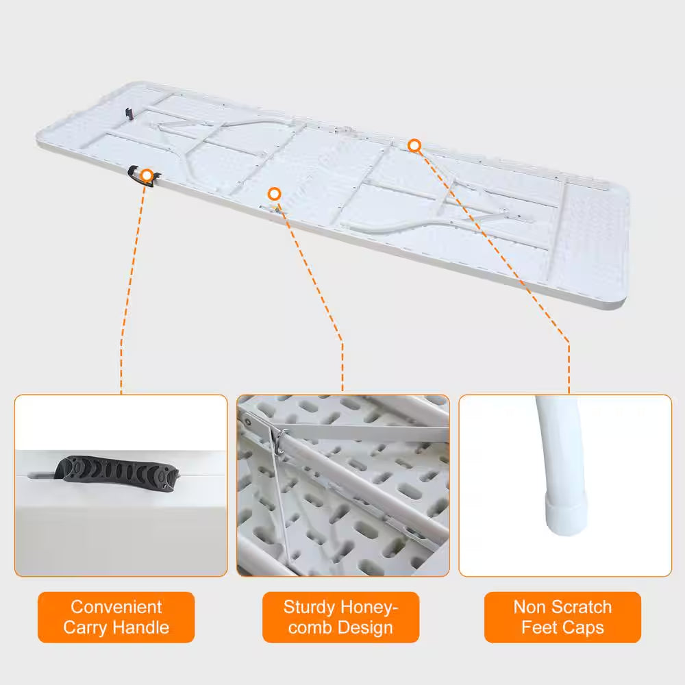 96 In. W Rectangle Iron Picnic Table Portable Folding Table for Picnics Parties High Load Bearing Foldable Table White