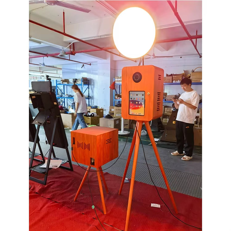 Double-Sided Retro Wooden Photo Booth with Touch Screen Printer Stand Compatible with DSLR Cameras and Ipad Flash Stand
