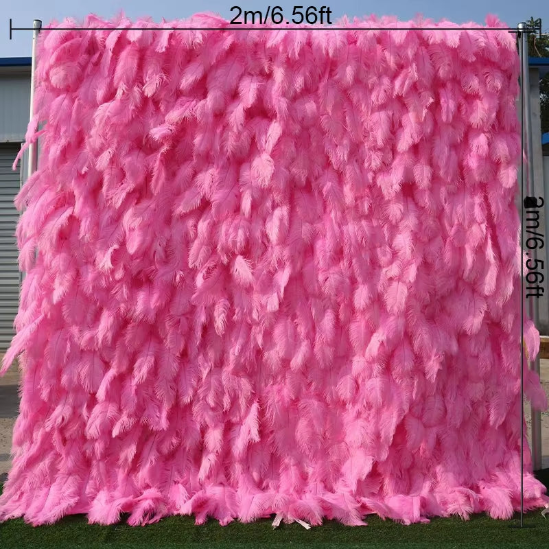 3D White Pink Feather Fabric Rolling up Curtain Flower Wall Cloth Artificial Plant Wall Party Stage Layout Wedding Backdrop Deco