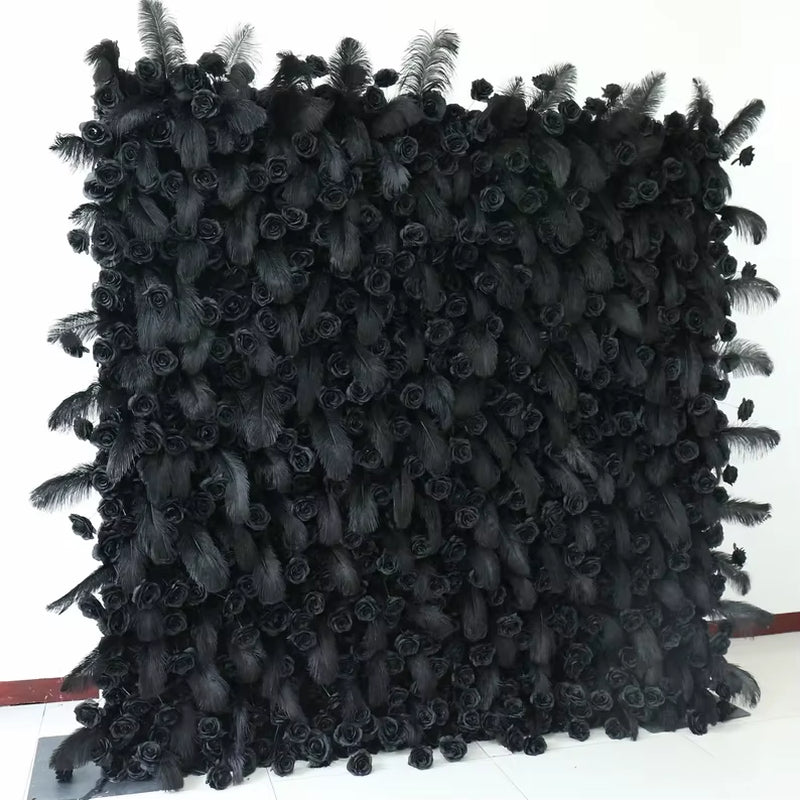 5D Black Feather Black Rose Artificial Flower Wall Cloth Fabric Wedding Party Photo Backdrop Wedding Event Decor Props