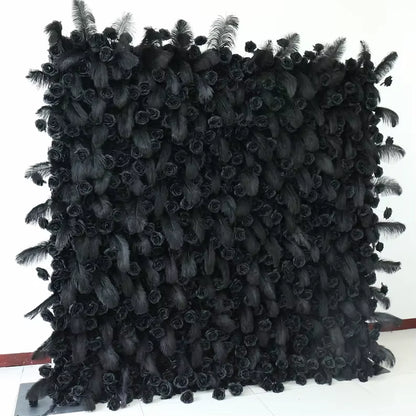 5D Black Feather Black Rose Artificial Flower Wall Cloth Fabric Wedding Party Photo Backdrop Wedding Event Decor Props