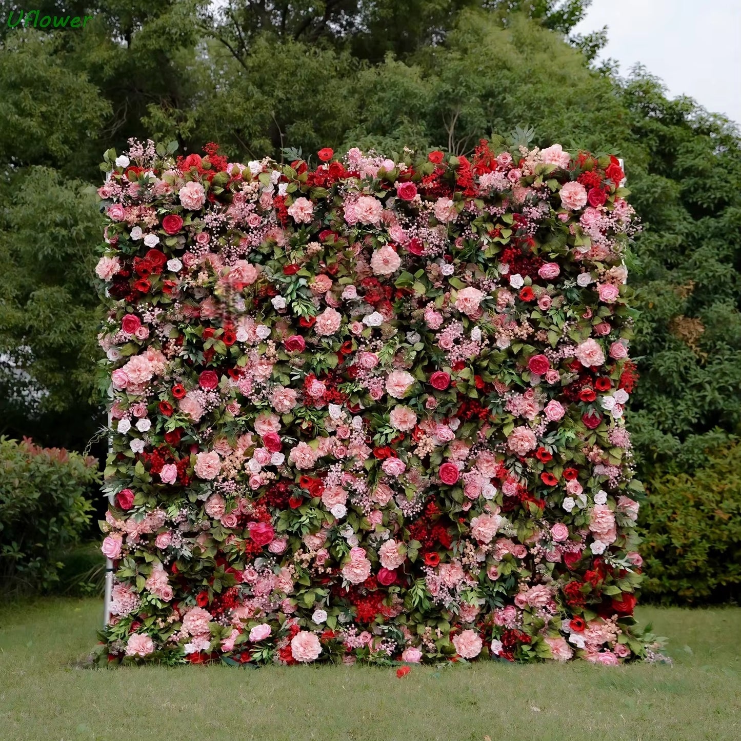 Artificial Flower Wall Roll-Up Green Fabric Floral Backdrop - Wedding Event Party Decor Curtain