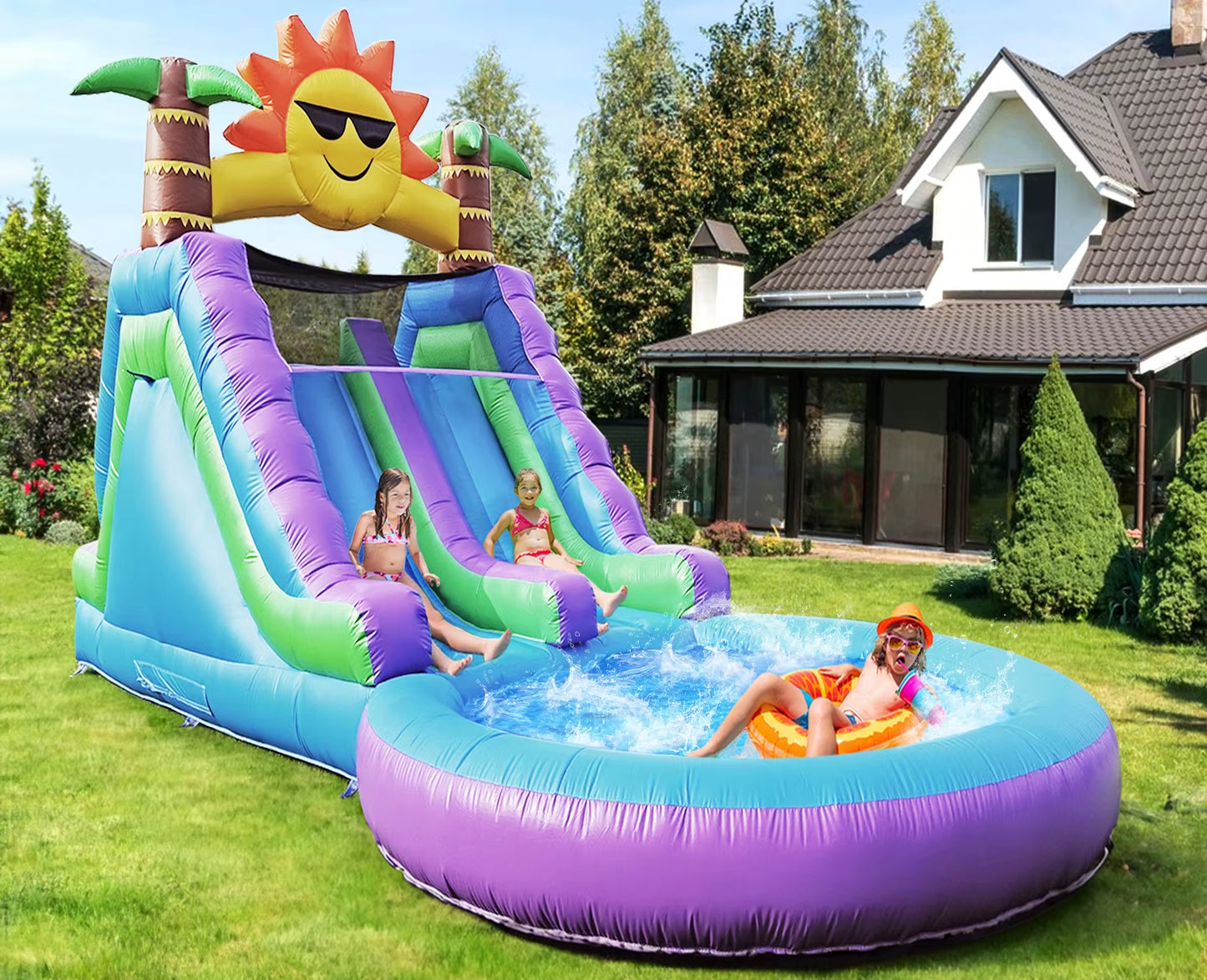 Inflatable Water Slide with Double Slide,100% PVC Commercial Grade Water Slide with Air Blower,Great for Outdoor Backyard Party