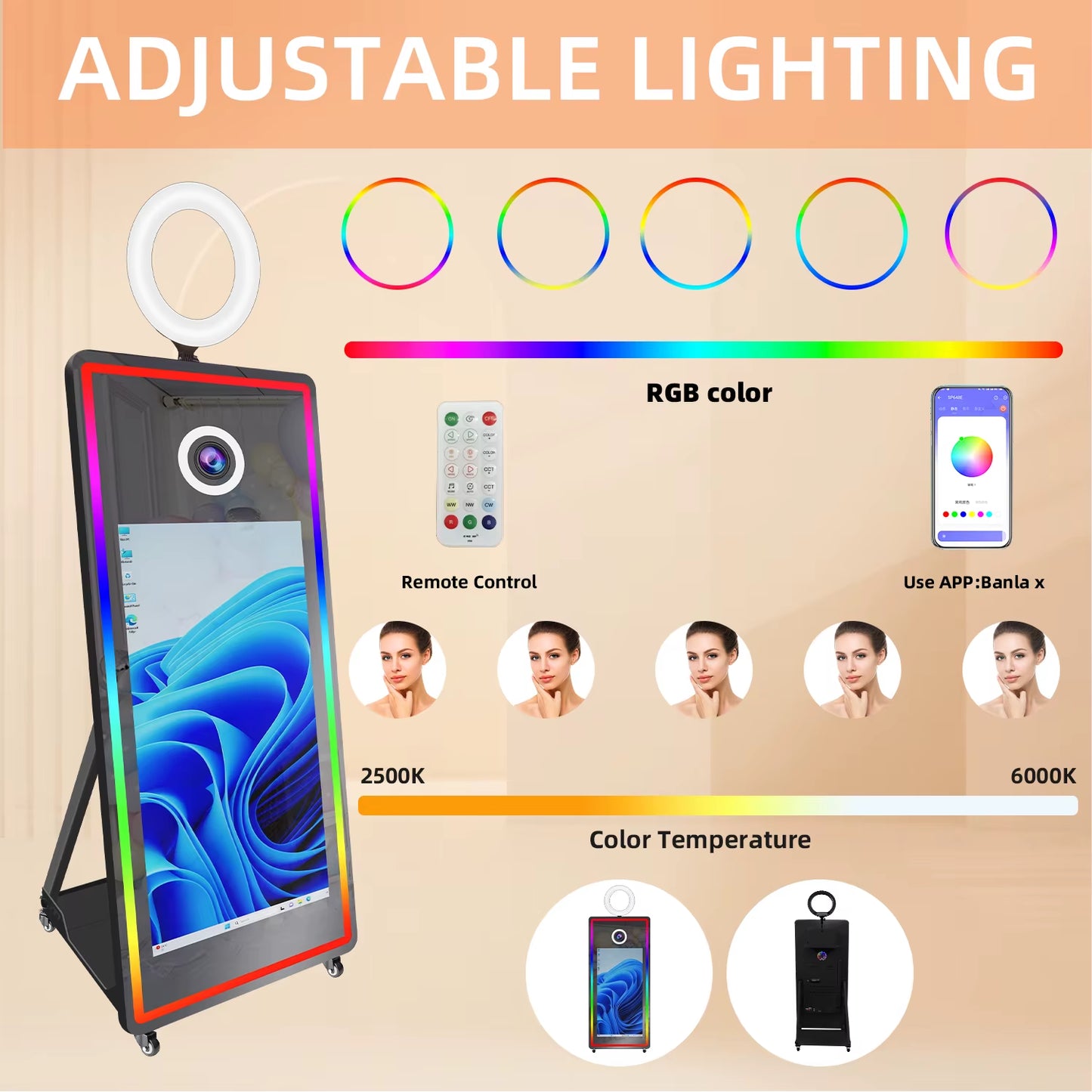 Portabl Magic Mirror Photo Booth 43 Inch Touch Screen Camera Photobooth with LED and Flight Case Selfie for Wedding Party Events