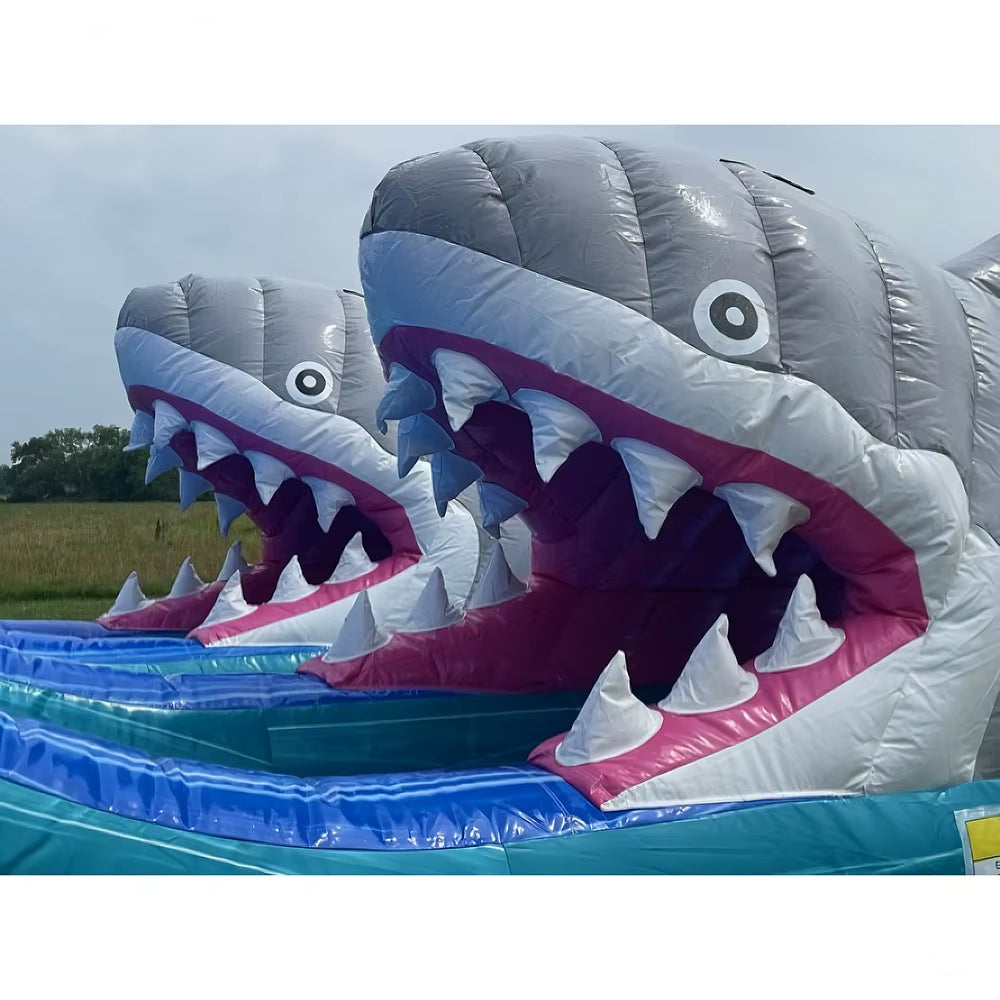 By Ship to Sea Port,Double Lanes Shark eme Inflatable Water Slide wi Pool for Commercial Rental