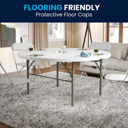 Scarborough 60.5 In. L round Granite White Plastic Top with Carrying Handle Bi-Fold Folding Banquet Tables