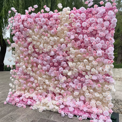 5D Pink Rose Hydrangea Gradient Rolling up Fabric Curtain Flower Wall Cloth Floral Wall Wedding Backdrop Arrangement Decor Wall