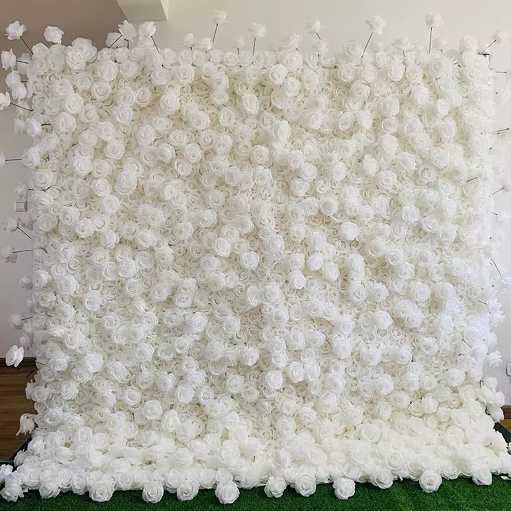 3D White Rose Cloth Curtain Flower Wall Roll up Wedding Backdrop Props Flora Wall Party Event Props Wedding Decoration