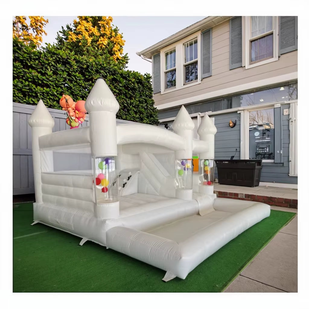 Newly 15Ft Inflatable Bounce House with Balloon Durable PVC White Jumping Castle with Slide, Ball Pit Bounce House for Party