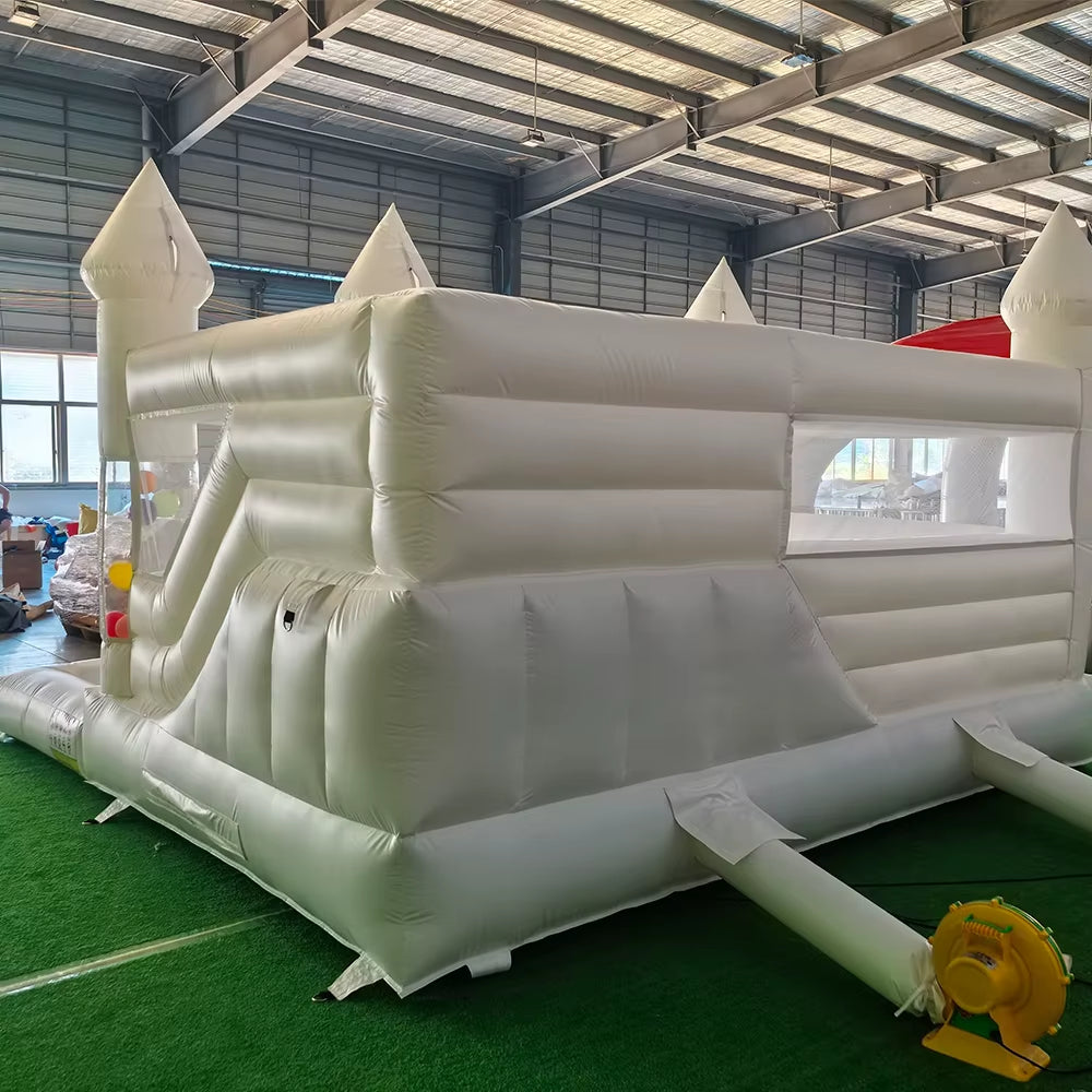 Newly 15Ft Inflatable Bounce House with Balloon Durable PVC White Jumping Castle with Slide, Ball Pit Bounce House for Party