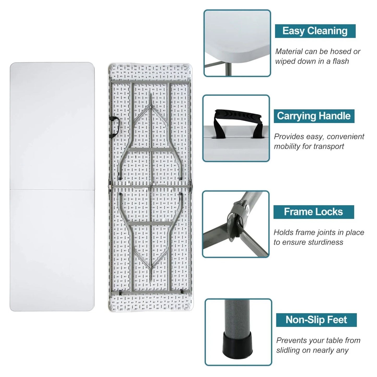 Folding Utility Table 6Ft Fold-In-Half Portable Plastic Picnic Party Dining Camp Table, White