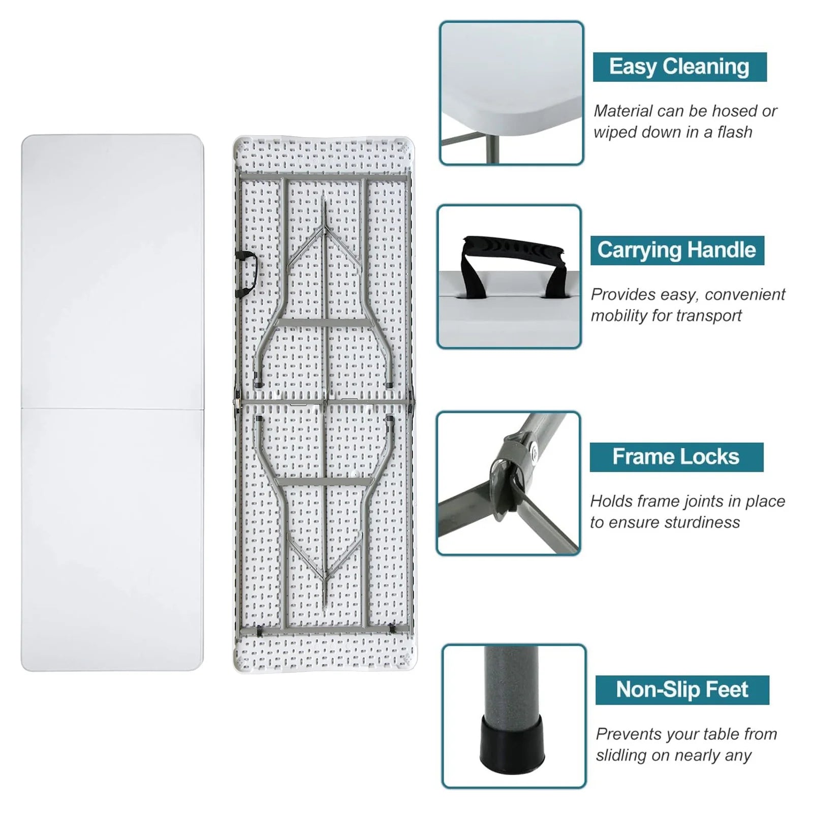 Folding Utility Table 6Ft Fold-In-Half Portable Plastic Picnic Party Dining Camp Table, White