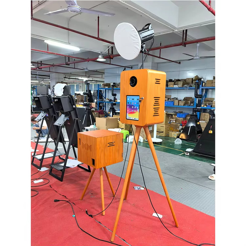 Double-Sided Retro Wooden Photo Booth with Touch Screen Printer Stand Compatible with DSLR Cameras and Ipad Flash Stand