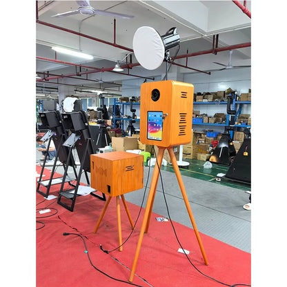 Double-Sided Retro Wooden Photo Booth with Touch Screen Printer Stand Compatible with DSLR Cameras and Ipad Flash Stand