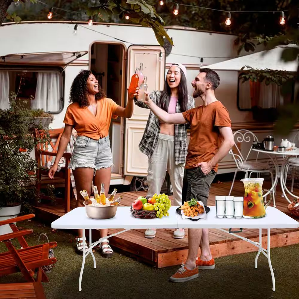 96 In. W Rectangle Iron Picnic Table Portable Folding Table for Picnics Parties High Load Bearing Foldable Table White