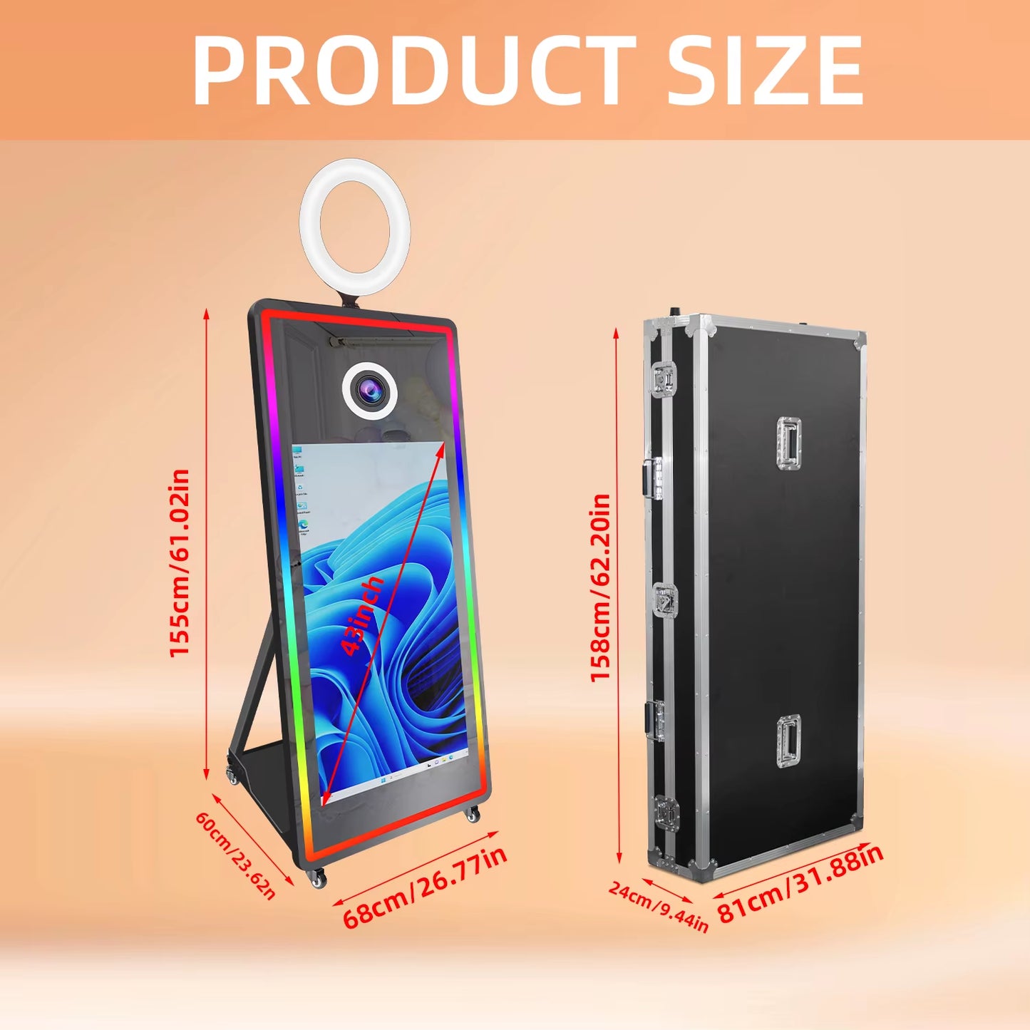 Portabl Magic Mirror Photo Booth 43 Inch Touch Screen Camera Photobooth with LED and Flight Case Selfie for Wedding Party Events