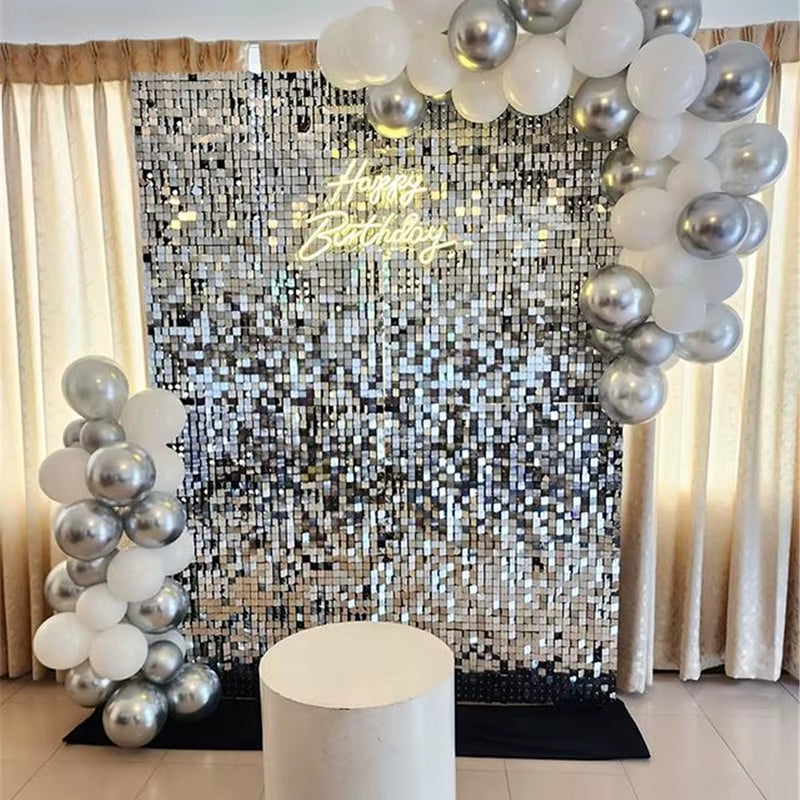 Silver Shimmer Wall Backdrop Panels 18 Panels Square Sequin Backdrop for Wedding Bridal Shower & Bachelorette Party Supplies