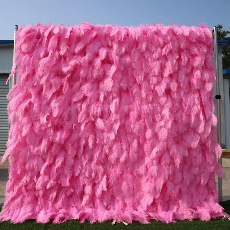 3D White Pink Feather Fabric Rolling up Curtain Flower Wall Cloth Artificial Plant Wall Party Stage Layout Wedding Backdrop Deco
