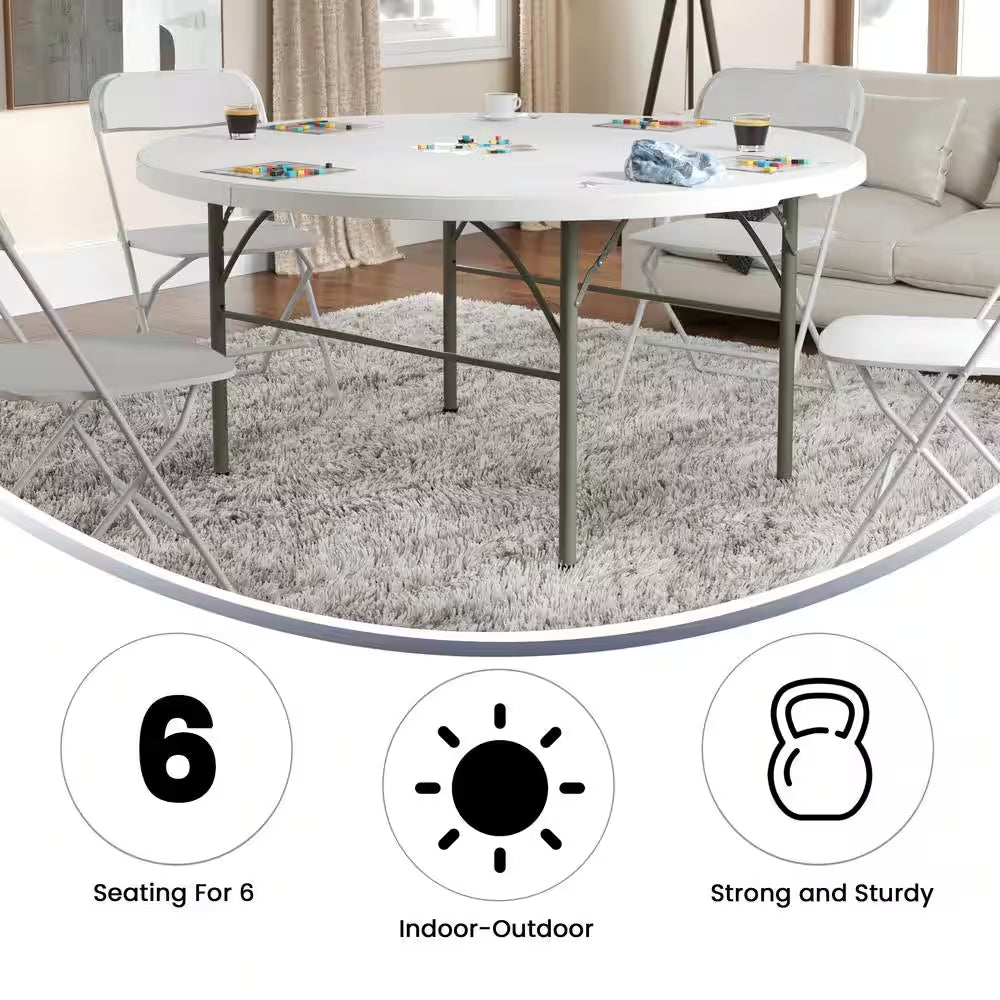 Scarborough 60.5 In. L round Granite White Plastic Top with Carrying Handle Bi-Fold Folding Banquet Tables