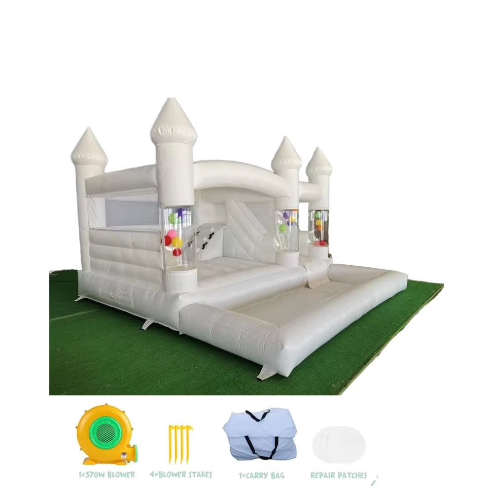 Newly 15Ft Inflatable Bounce House with Balloon Durable PVC White Jumping Castle with Slide, Ball Pit Bounce House for Party