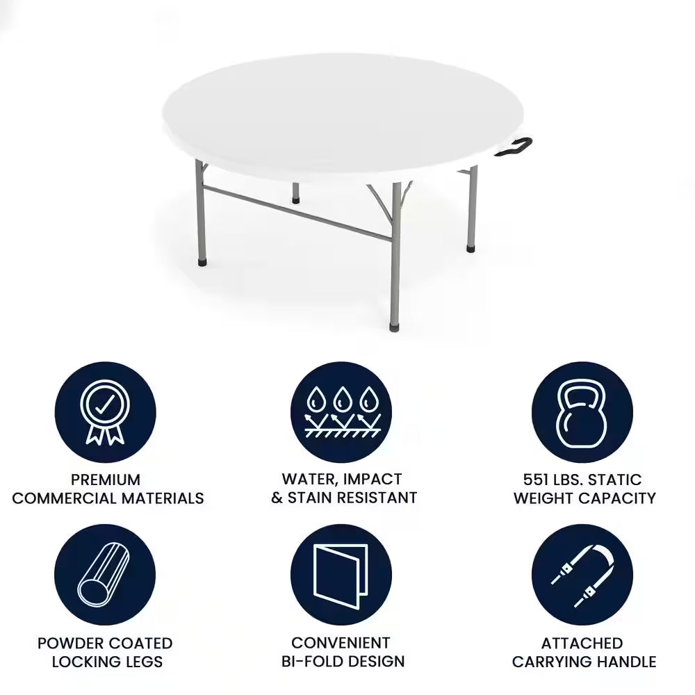 Scarborough 60.5 In. L round Granite White Plastic Top with Carrying Handle Bi-Fold Folding Banquet Tables