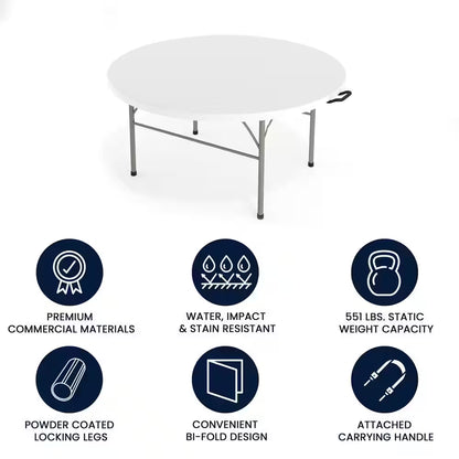 Scarborough 60.5 In. L round Granite White Plastic Top with Carrying Handle Bi-Fold Folding Banquet Tables
