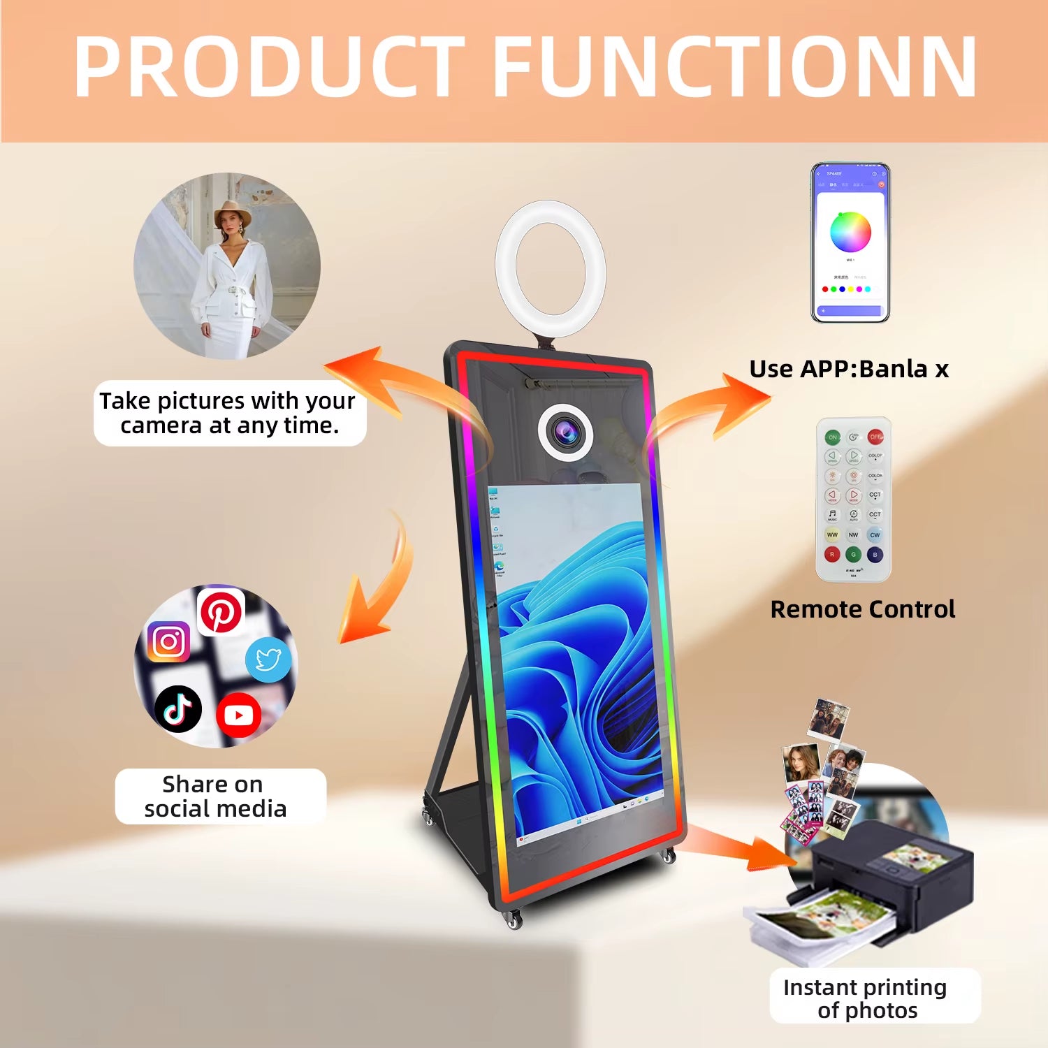 Portabl Magic Mirror Photo Booth 43 Inch Touch Screen Camera Photobooth with LED and Flight Case Selfie for Wedding Party Events