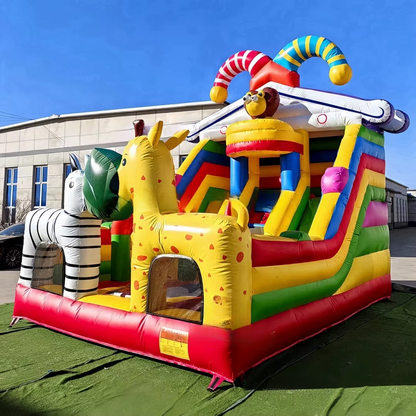 Cartoon Safari Animal Kingdom Inflatable Bounce House with Slide