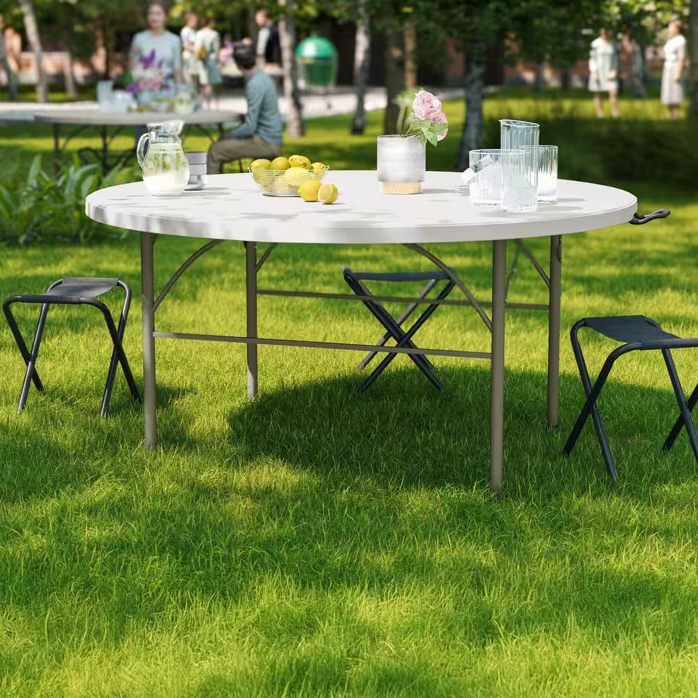 Scarborough 60.5 In. L round Granite White Plastic Top with Carrying Handle Bi-Fold Folding Banquet Tables