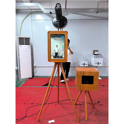 Double-Sided Retro Wooden Photo Booth with Touch Screen Printer Stand Compatible with DSLR Cameras and Ipad Flash Stand