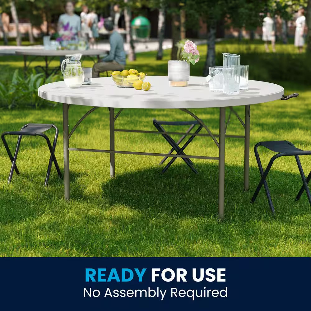 Scarborough 60.5 In. L round Granite White Plastic Top with Carrying Handle Bi-Fold Folding Banquet Tables