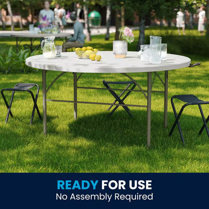 Scarborough 60.5 In. L round Granite White Plastic Top with Carrying Handle Bi-Fold Folding Banquet Tables