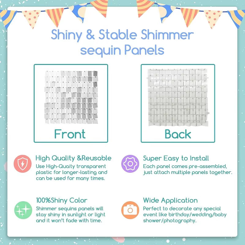 12/16/18/24PCS Shimmer Wall Backdrops Silvery Square Sequin Wall Panel Backdrops Party Backdrops for Wedding Birthday Decor