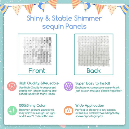 12/16/18/24PCS Shimmer Wall Backdrops Silvery Square Sequin Wall Panel Backdrops Party Backdrops for Wedding Birthday Decor