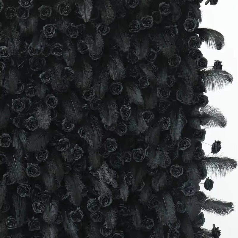5D Black Feather Black Rose Artificial Flower Wall Cloth Fabric Wedding Party Photo Backdrop Wedding Event Decor Props
