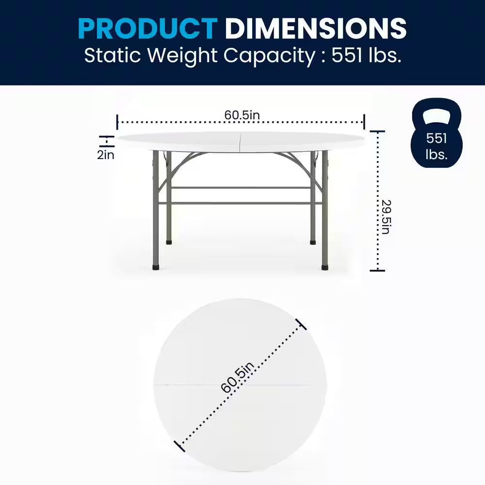 Scarborough 60.5 In. L round Granite White Plastic Top with Carrying Handle Bi-Fold Folding Banquet Tables