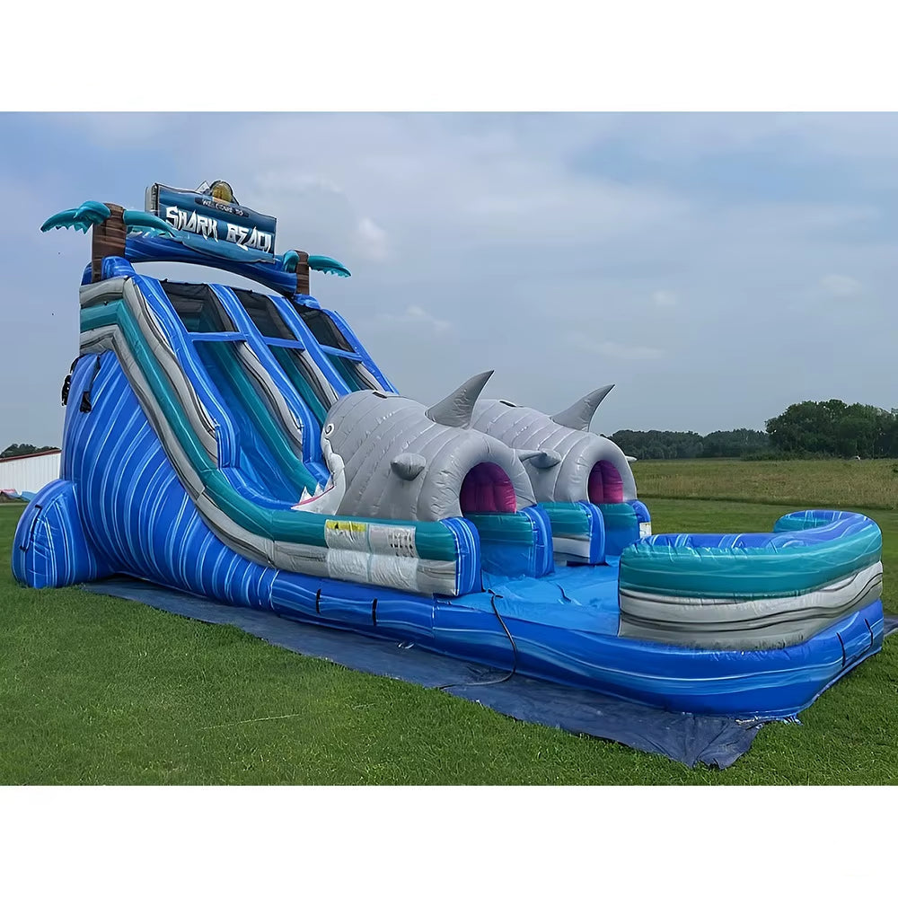By Ship to Sea Port,Double Lanes Shark eme Inflatable Water Slide wi Pool for Commercial Rental