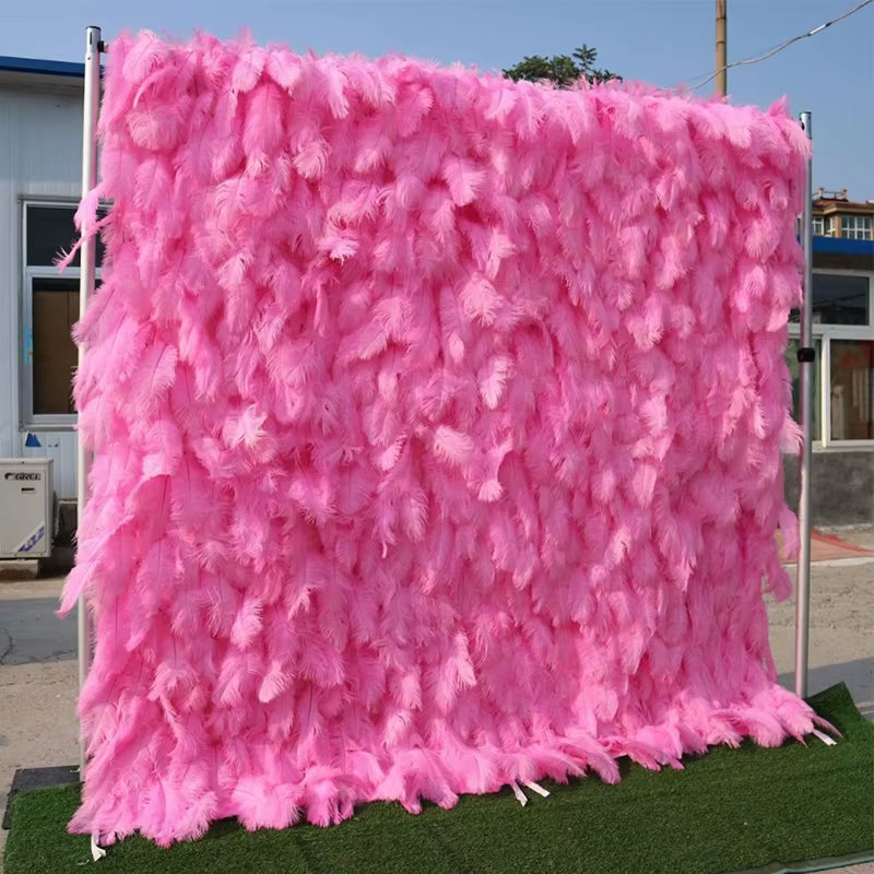 3D White Pink Feather Fabric Rolling up Curtain Flower Wall Cloth Artificial Plant Wall Party Stage Layout Wedding Backdrop Deco