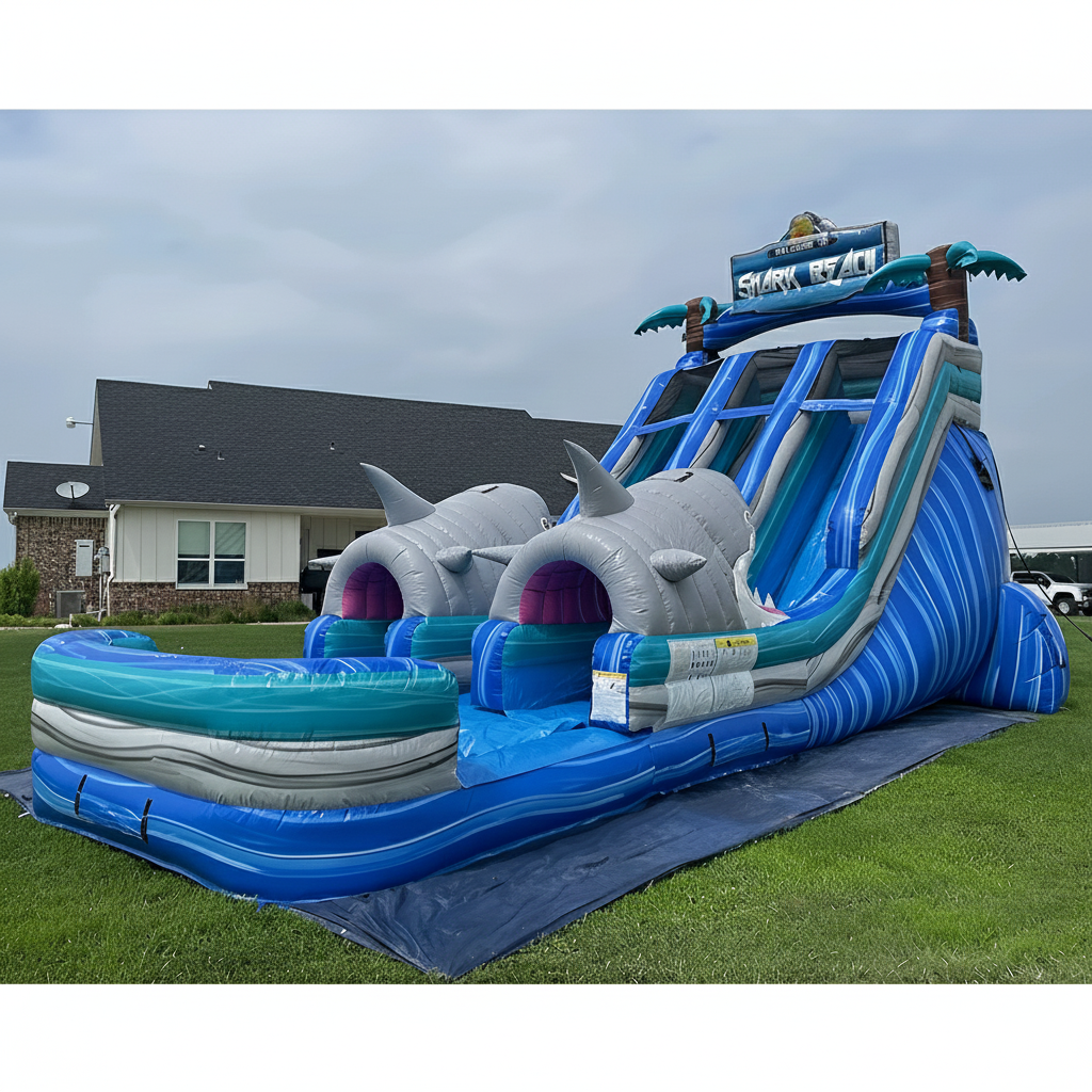 Double Lanes Shark Theme Inflatable Water Slide with Pool