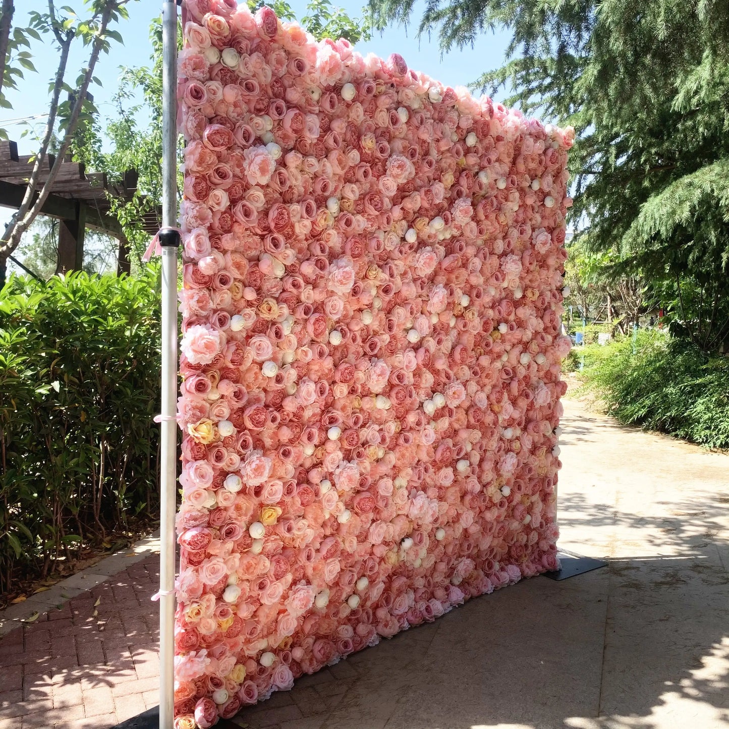 5D Light Pink Artificial Flower Wall Roll-Up Wedding Curtain Backdrop Decorative Floral Wall Roll for Events