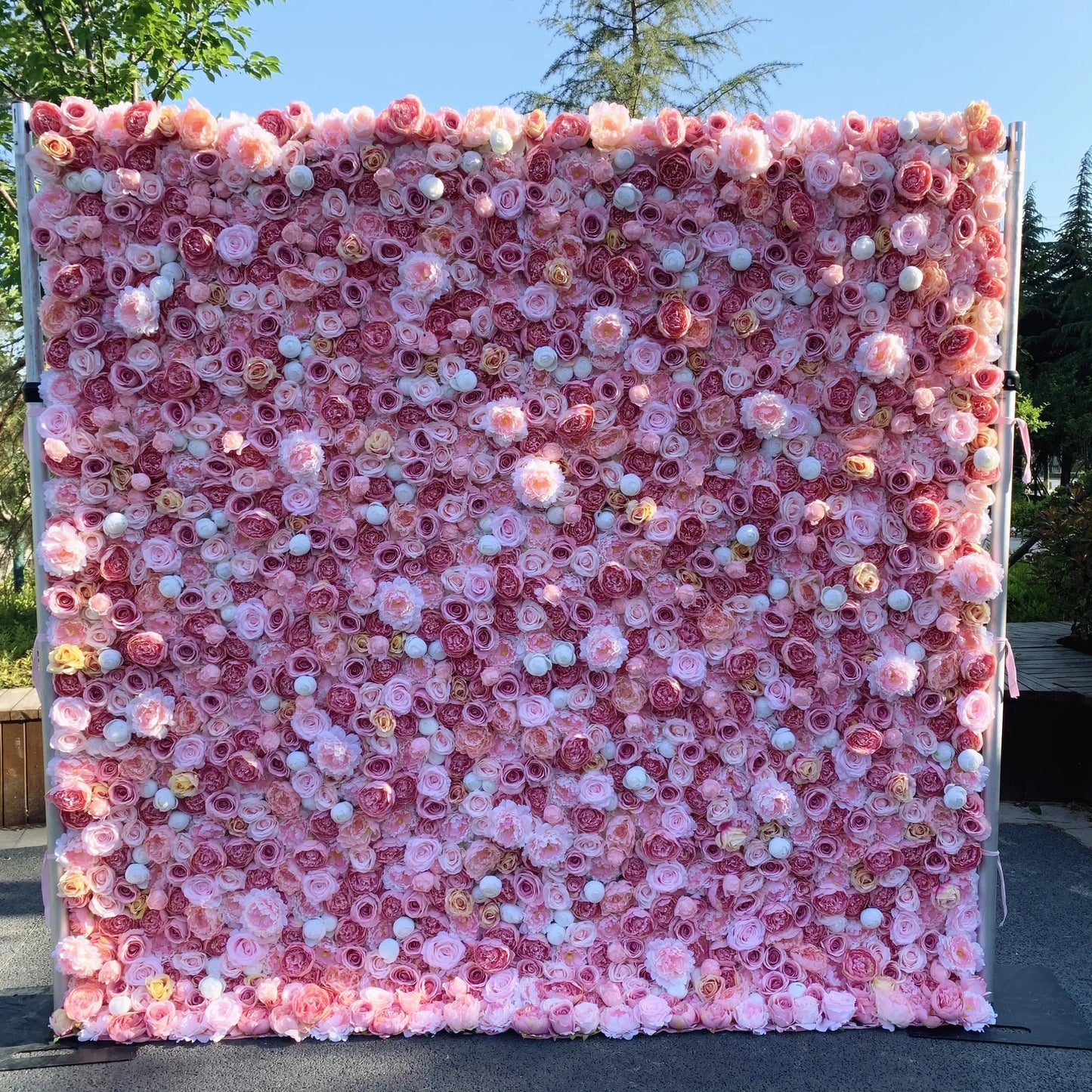 5D Light Pink Artificial Flower Wall Roll-Up Wedding Curtain Backdrop Decorative Floral Wall Roll for Events