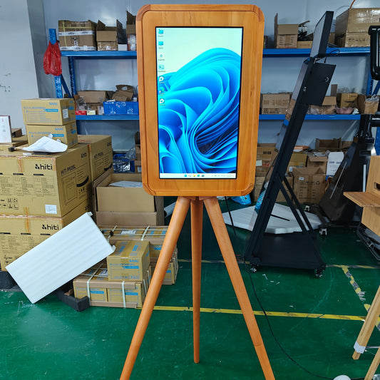 Double-Sided Retro Wooden Photo Booth with Touch Screen Printer Stand Compatible with DSLR Cameras and Ipad Flash Stand