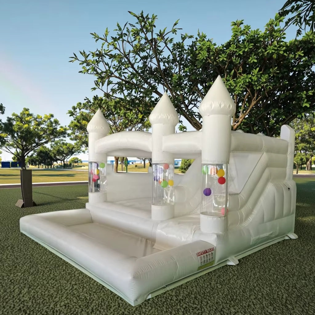 Newly 15Ft Inflatable Bounce House with Balloon Durable PVC White Jumping Castle with Slide, Ball Pit Bounce House for Party