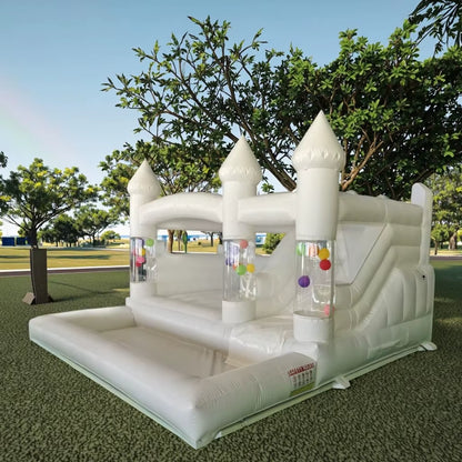 Newly 15Ft Inflatable Bounce House with Balloon Durable PVC White Jumping Castle with Slide, Ball Pit Bounce House for Party