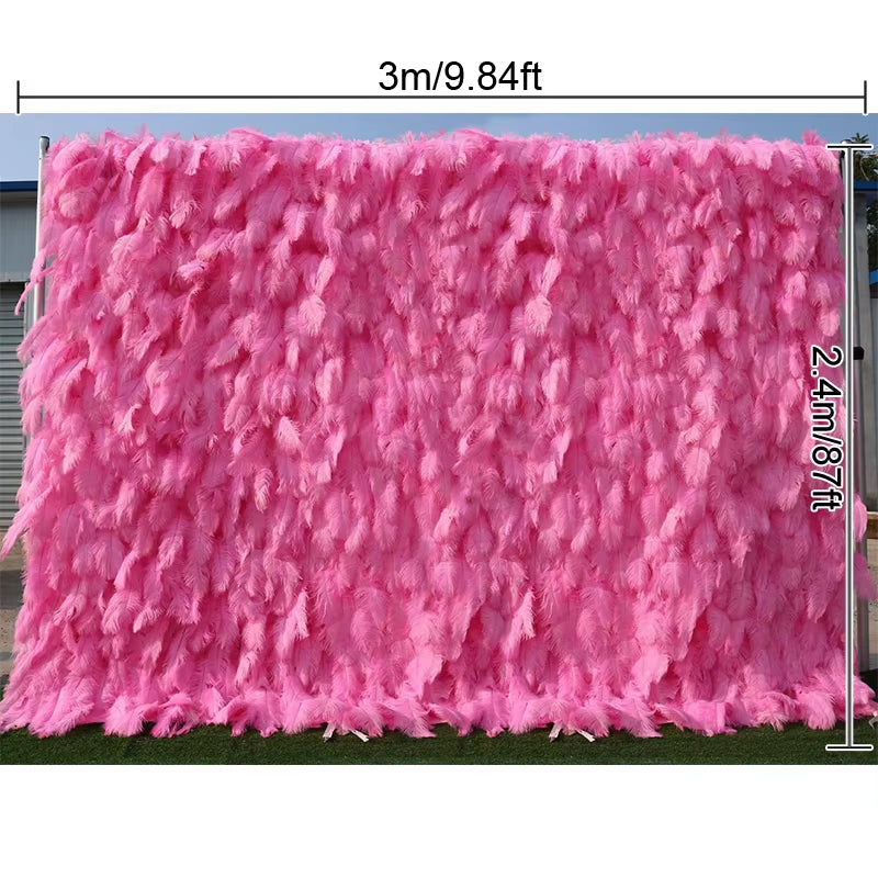 3D White Pink Feather Fabric Rolling up Curtain Flower Wall Cloth Artificial Plant Wall Party Stage Layout Wedding Backdrop Deco